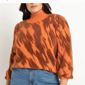 ELOQUI Intarsia Mock Neck Sweater orange brown  puff sleeve 26 / 28